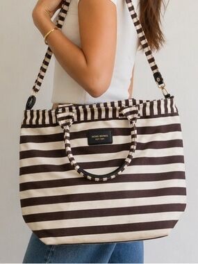 Henri Bendel Brown Cream Stripe Canvas Tote Bag Shoulder Strap Preppy